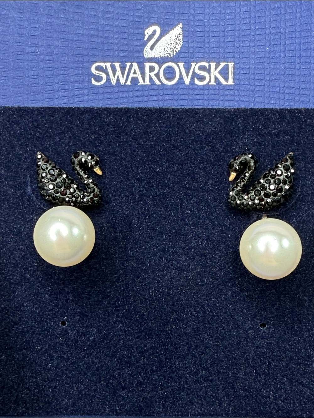 Swarovski Black Crystal Swan Stud Earrings with removable drop Pearls